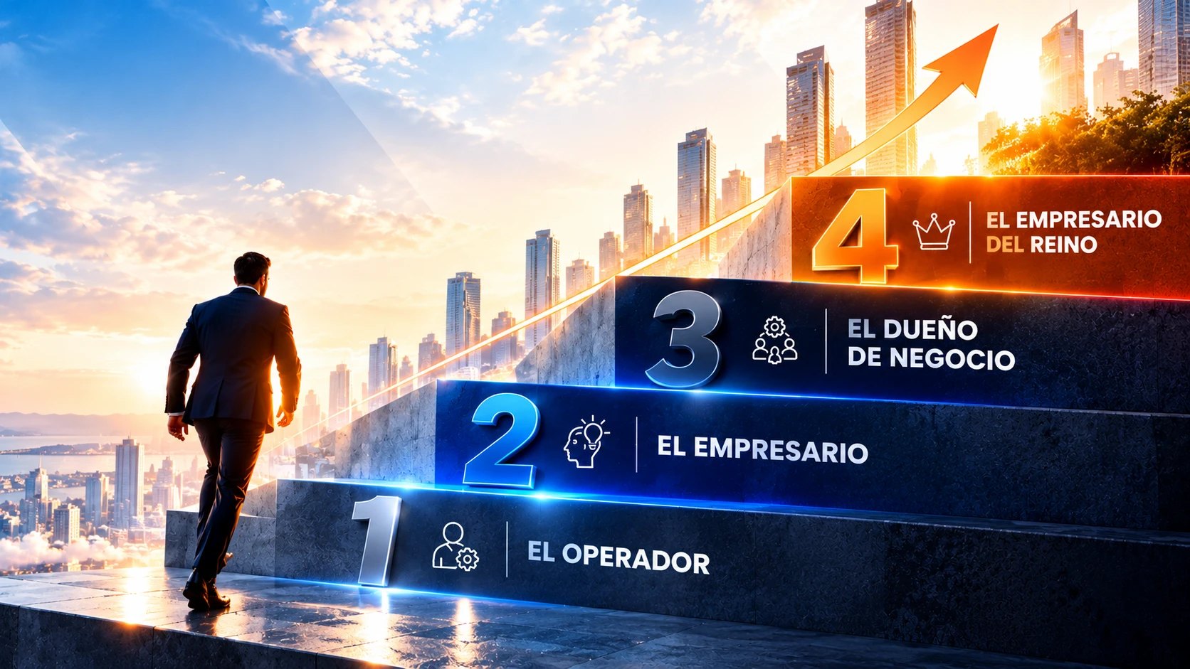 Un empresario sube una escalera de cuatro niveles: El Operador, El Empresario, El Dueño de Negocio y El Empresario del Reino