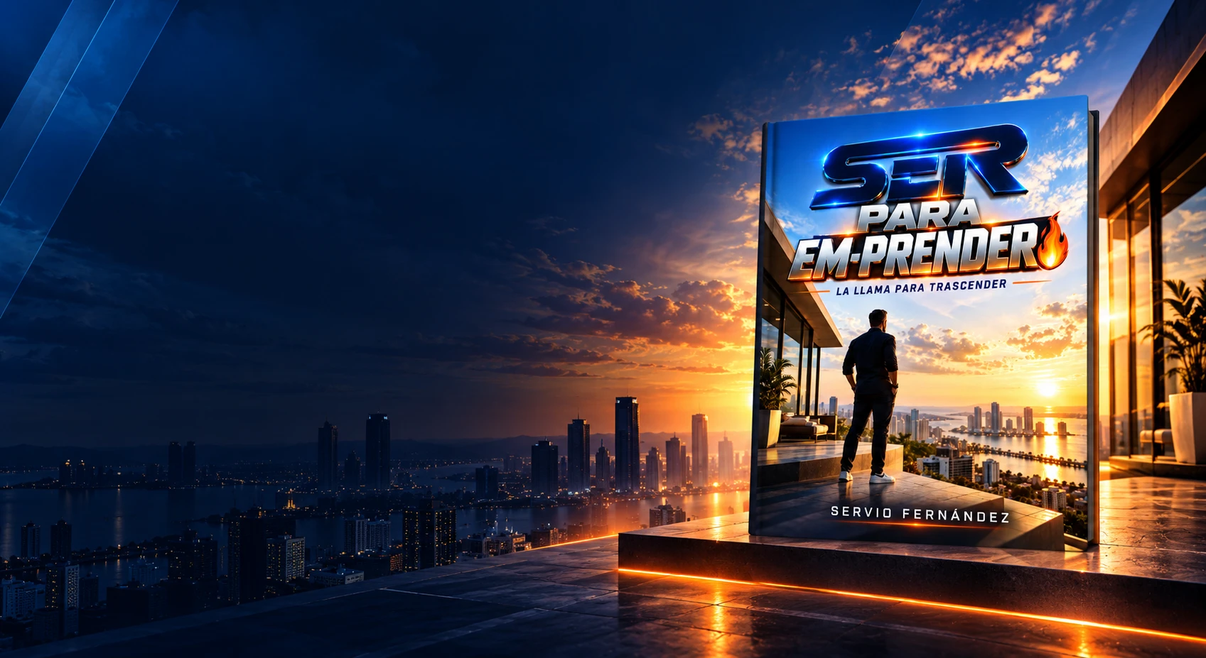 El libro SER PARA EM-PRENDER sobre una terraza frente a la ciudad al atardecer